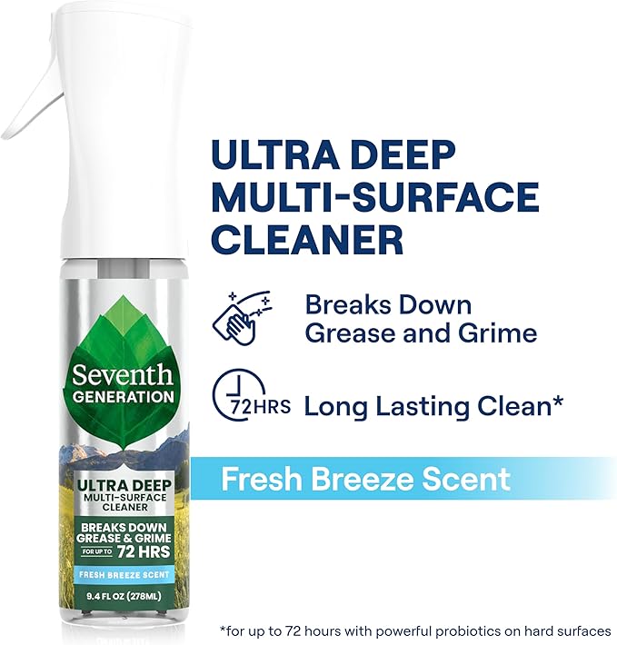 Seventh Generation Ultra Deep Probiotic Multi Surface Cleaner, 9.4 Fl Oz, Fresh Breeze, 80% USDA Biobased All Purpose Cleaning Spray, Breaks Down Tough Grease & Grime, Safe for Kids & Pets