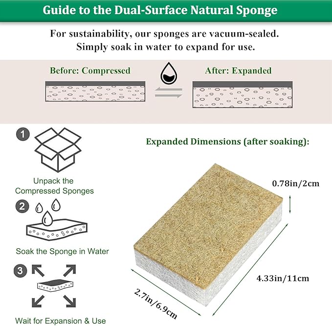 Natural Kitchen Sponge Compostable Kitchen Sponges Cellulose and Coconut Scrubber Abrasive Scrubbing Pads SmilePowo Environmentally Friendly Sponge for Dishes (12 Pack)