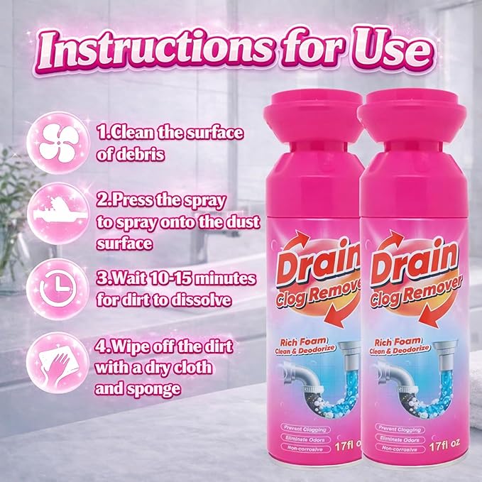Foaming Drain Cleaner, Foam Drains Sink Cleaner and Deodorizer, Wild Tornado Drain Clog Remover for Kitchen Sinks, Shower Drains, Tubs (2 pcs)