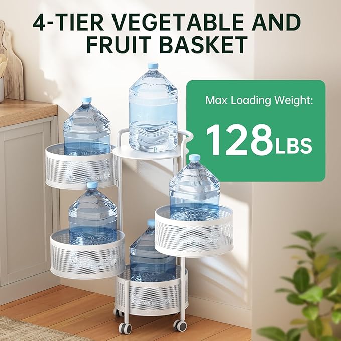 JAQ Rotating Storage Carts No Assembly, 4-Tier Round Storage Basket Rack Shelf Organizer on Rolling Wheels for Fruit Vegetables Grocery Corns Potato Onion Snack in Kitchen Pantry (4-Tier, White)