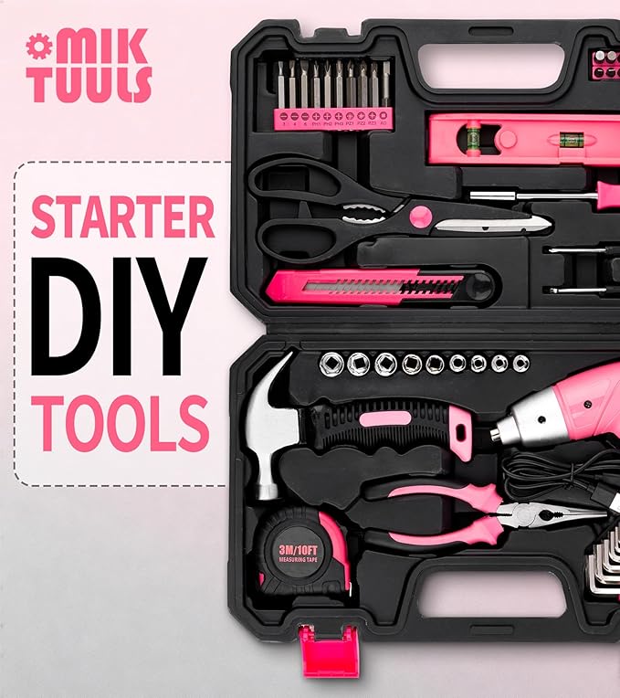 Electric Screwdriver 58pc Tool Set, Cordless & Rechargeable 3.6V Small Power Screwdriver Home Tool Kit Set with Compact Hand Box, Pink