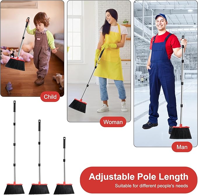 Large Upright Broom and Dustpan, Heavy Duty Dust Pan with 51" Long Handle for Indoor Outdoor Garage Kitchen Room (Black and Red)