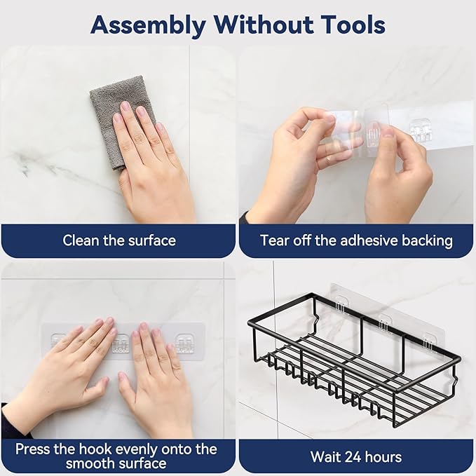 8 Pack Adhesive Rustproof Shower Caddy with Soap Dishes, Toothbrush Holder & Hooks, Large Capacity No-Drilling Shower Shelves Rack for Bathroom Organizers and Storage Accessories, Black