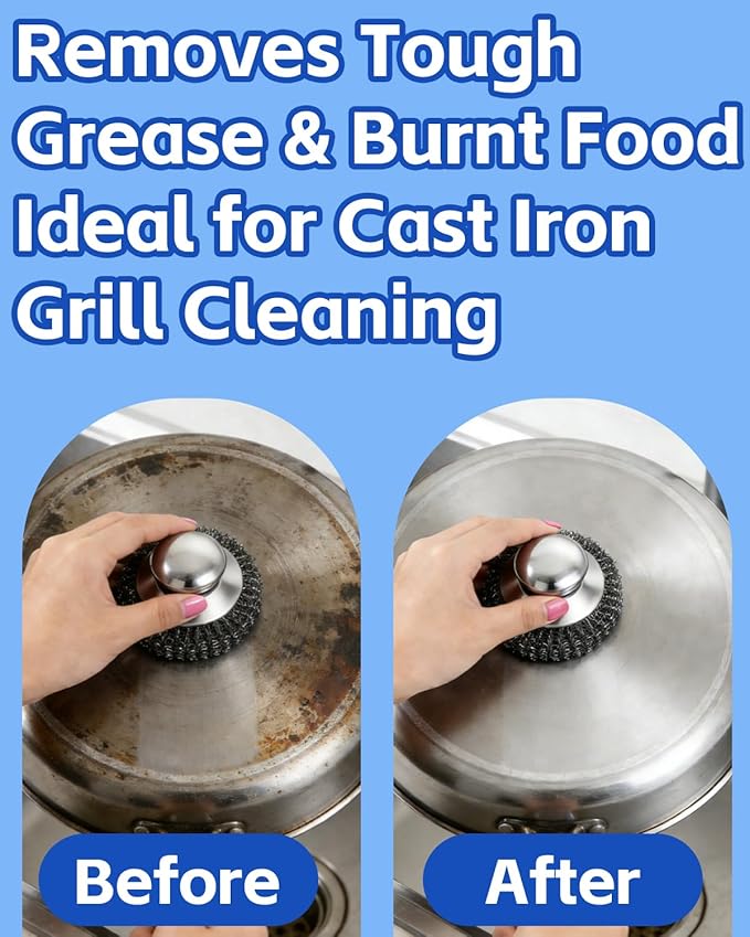 Stainless Steel Scrubber with Handle, Heavy Duty Steel Wool Scrubbers for Pots and Pans, Cast Iron, Steel Wool Scouring Pads for Stove, Oven, Grill, Kitchen, Sink Cleaning