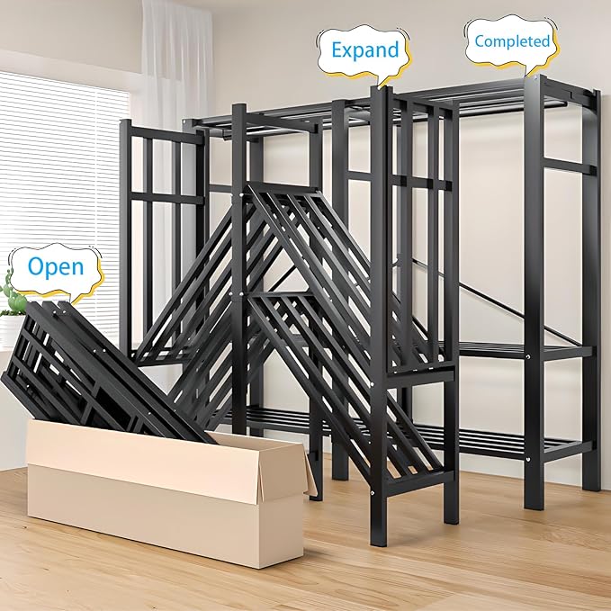 Heavy Duty Covered Clothes Rack with Magnetic Door Foldable Portable Wardrobe Closet for Hanging Clothing Rolling Black Metal Garment Rack on Wheels Closet System (Black, 58.9in)