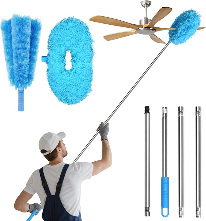 Eunice 13-49.7 Inches Ceiling Fan Duster with Extension Pole, 4-Claw and Round Heads, Adjustable and Removable Fan Cleaner Blade for High Ceiling, Window Door Furniture (Blue)