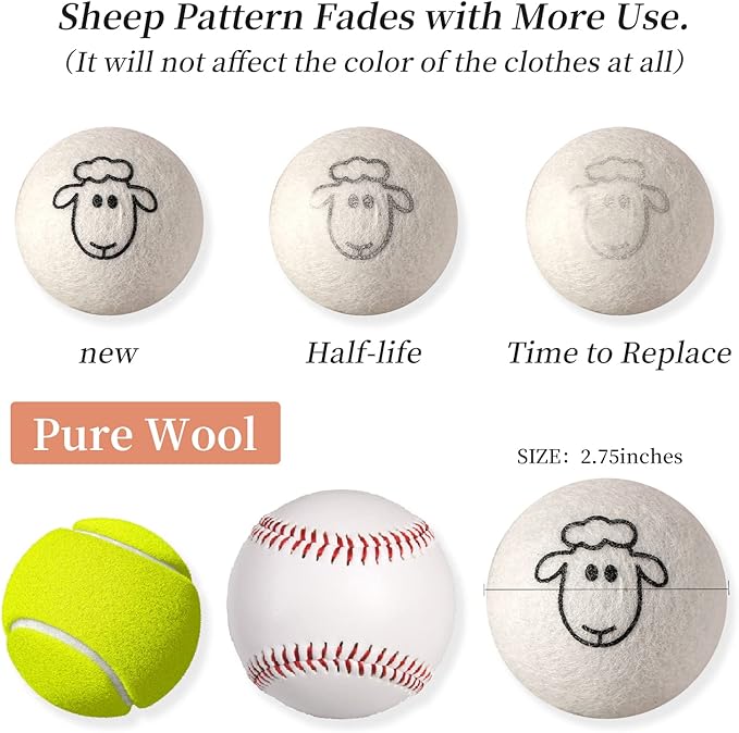 Dryer Balls Laundry Reusable - XL Wool Dryer Balls - Handmade Cute, Extra Large Dryer Balls, Shorten Drying Time, Organic Wool - Dry 1000+ Loads (6 Pack Sheep Pattern)