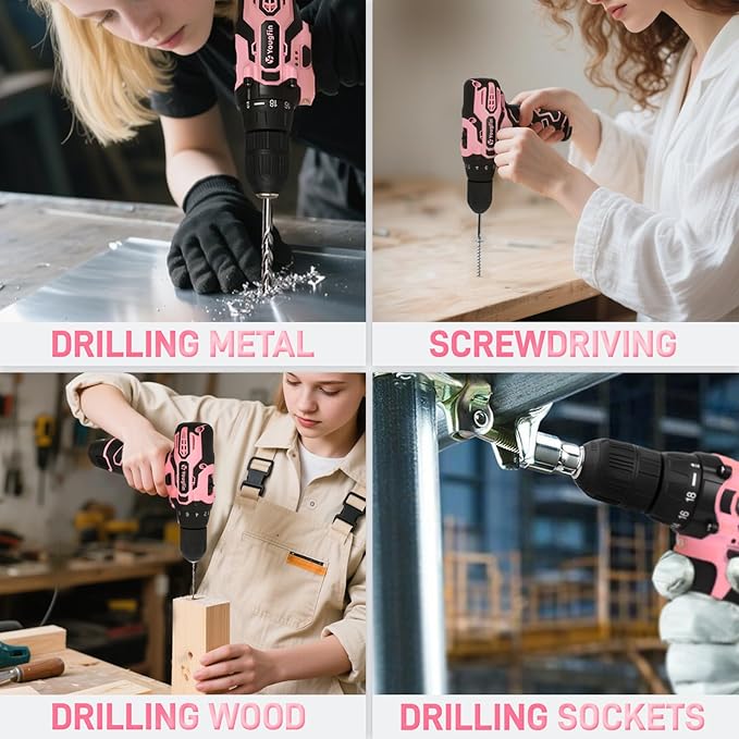 YOUGFIN Pink Drill Set, 195 Pieces Tool Set with 12V Cordles Drill, Home Tool Kits for Men & Women, Household Hand Tool Box, Perfect for DIY Office Repairing & Improvement