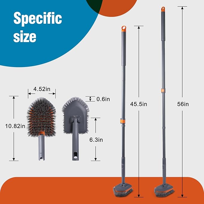 Tub Tile Scrubber Brush with 3 Different Function Cleaning Pads and 56" Extendable Long Handle-No Scratch for Cleaning Bathroom Kitchen Toilet Wall Sink,Orange