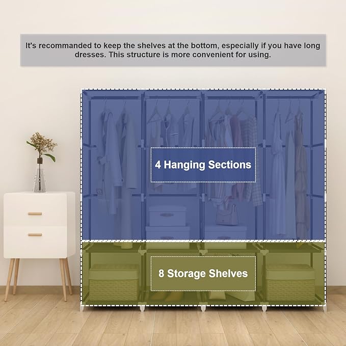 MOGELAFOO Portable Closet Wardrobe, 67-Inch Clothes Organizer with 4 Hanging Rods and 8 Shelves, Non-Woven Fabric Cover, Large Capacity Storage for Bedroom and Living Room, Grey