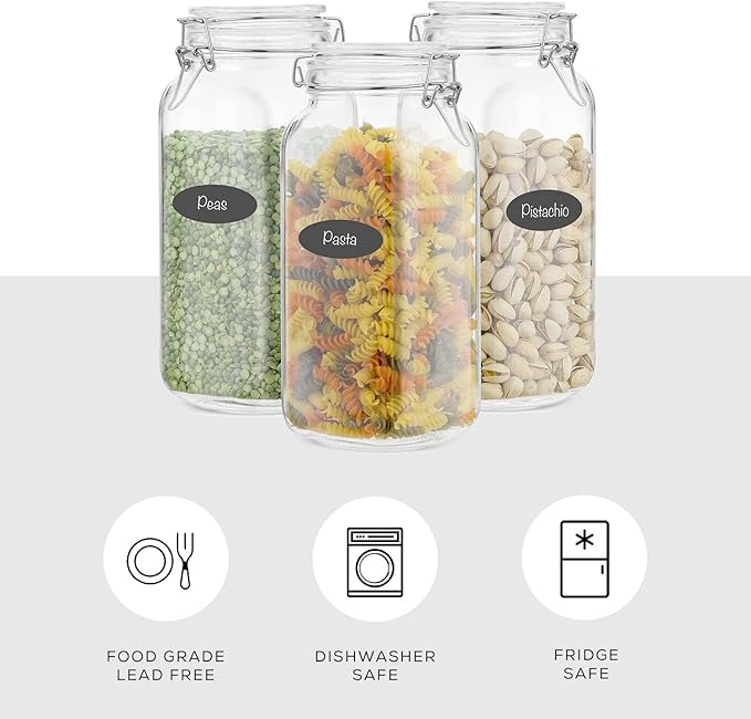 JoyJolt Airtight Glass Jars with Lids Set of 3. 78oz Glass Jar with Lid and 6 Silicone Seals! Large Glass Food Storage Containers. Square Mason Jar, Candy Jar, Flour Jar, Pasta Containers for Pantry