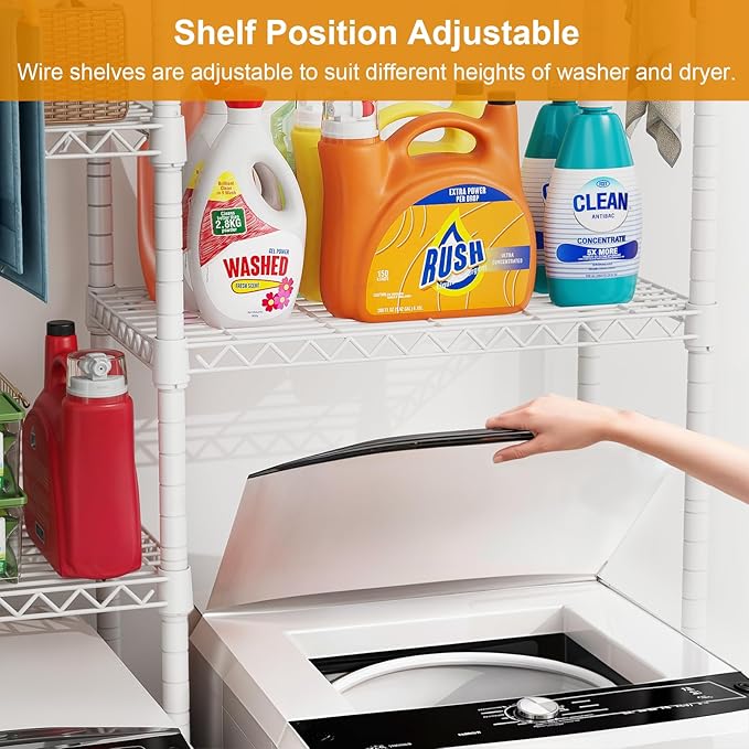 ULIFHOME U14 Medium Over the Washer and Dryer Shelves, 4 Tiers Laundry Room Storage and Organizer System, Space Saving Clothes Drying Rack with 2 Clothes Hanger Rods, 57.8"W x 20.5"D x 77.4"H, White
