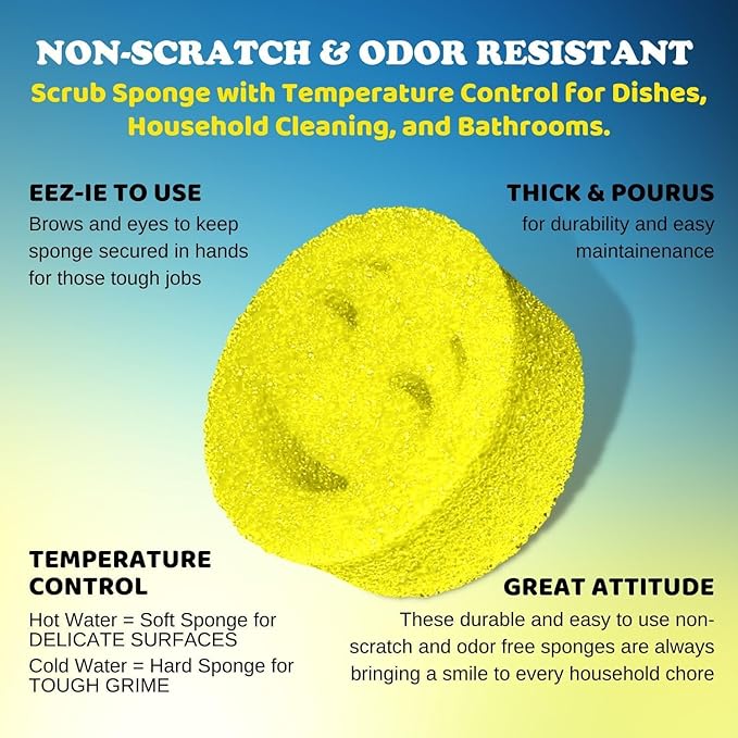 The Original Scrub Moji Scrubbing Sponge by Smilyeez (Set of 3) - Yellow - Temperature-Responsive Polymer Foam, Stain and Odor Resistant, Ideal for Kitchen and Bathroom Cleaning