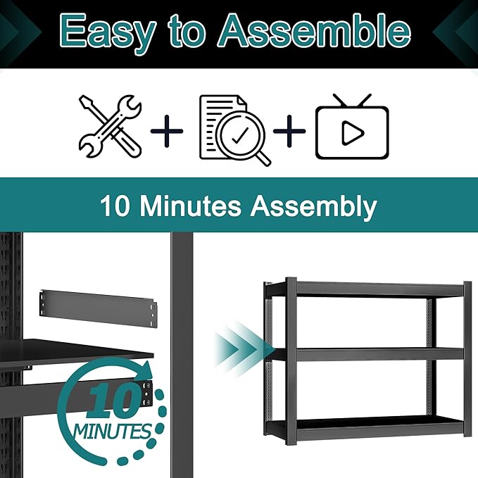 3-Tier Metal Storage Shelving Unit Black 16" D x 36" W x 36" H, Adjustable, 1800 lbs Capacity, Heavy Duty, Storage Organizer, for Garage, Home, Bathroom, Laundry, Storage Rack