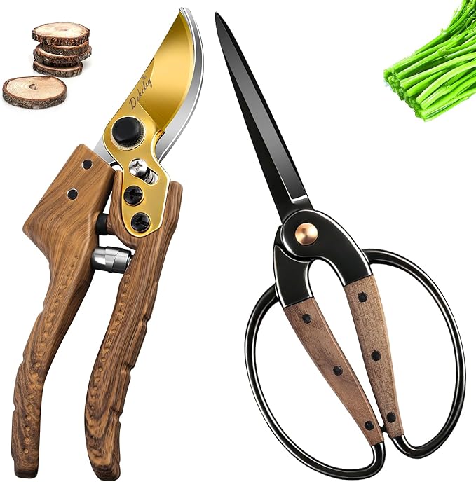2Pack Garden Pruning Shears Set: Ultra Sharp SK5 Blade Gardening Shears & Precision Garden Scissors,Wood Like&Wide Walnut Ergonomic Handle,Perfect for Plant,Bonsai,Shrub,floral,Branch Trimming
