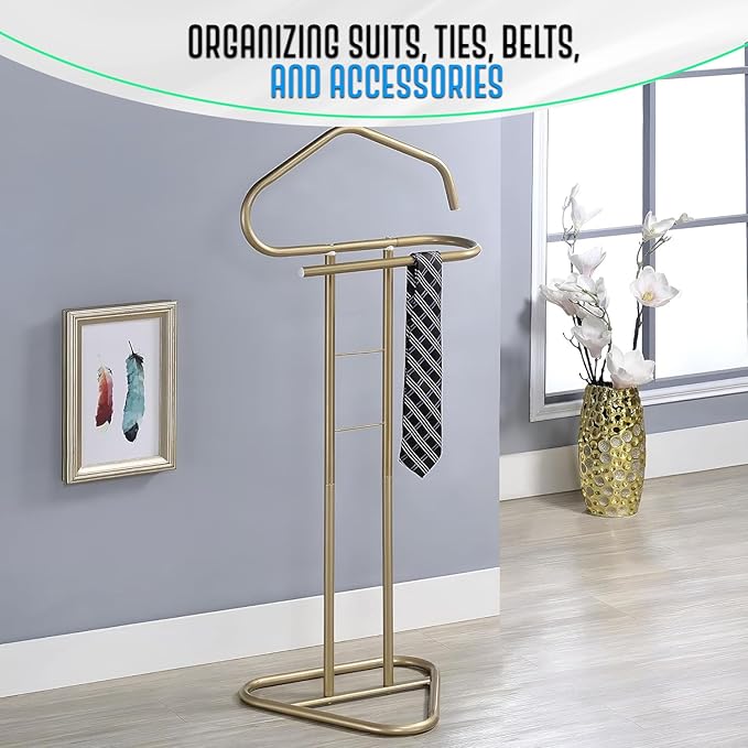 Kings Brand Furniture Kalblins Metal Suit Valet Stand, Clothes Rack, Clothing Organizer, Jacket Hanger (Gold)