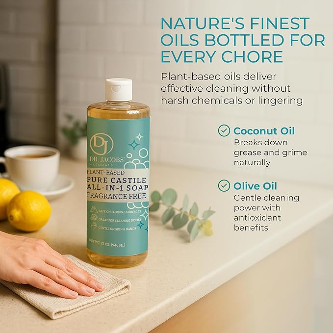 Dr. Jacobs Naturals Fragrance Free Castile All-in-One Cleaner and Soap - Plant-Based Formula for House Cleaning Floors and Appliances - Gentle on Skin and the Planet - 32 oz, 1 Pack