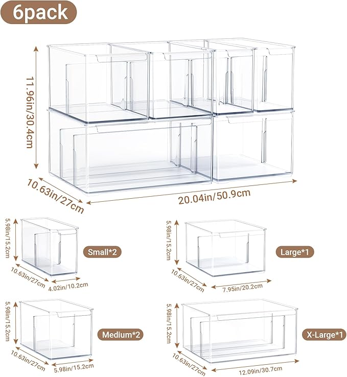 Clear Plastic Storage Bins with Dividers for Kitchen Pantry Organization, 6 Pack Thicken Stackable Storage Drawer Boxes for Refrigerator Cabinets Vanity Organizers and Storage, C6-3