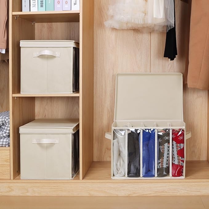 Zilink Upgraded Clothes Organizers with Lids and Support Boards Large Sweater Organizer for Closet Shelf with 5 Grids Divider Wardrobe Organizer for Sweaters, Jeans, Pants, Beige, 3 Pack