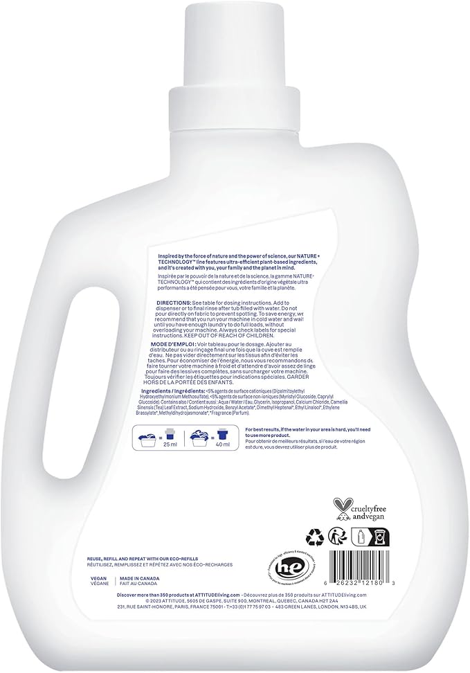 ATTITUDE Liquid Fabric Softener,Plant-Based & Vegan,HE Compatible,Naturally Derived,Wildflowers Scent,80 Loads,67.6 Fl Oz,(Pack of 2)