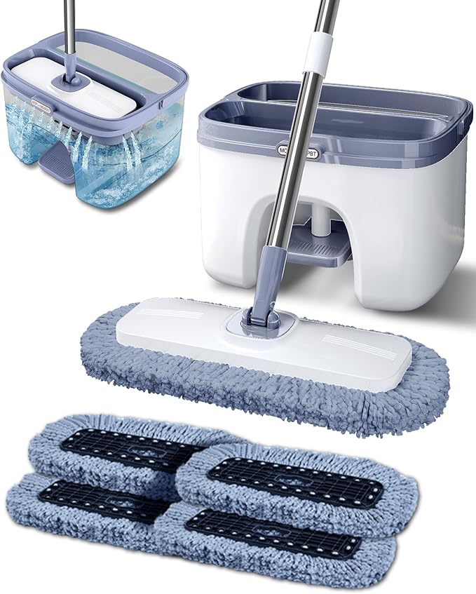 Flat Microfiber Mop and Bucket Set with Wringer, 360° Spin Mop for Floor & Wall Cleaning, 17.7x9in Wide Head, 4 Washable Pads, Hands-Free
