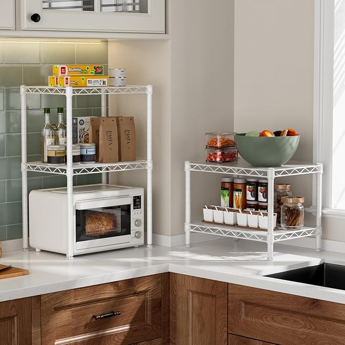 Golpart Small 2 Tier Shelves Storage Wire Shelving Unit Metal Shelf Adjustable Organizers Storage Shelving for Bathroom Laundry Room Kitchen Pantry12”D x 18”W x 12.2”H White