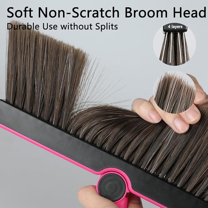Triangular Indoor Broom and Dustpan Comb Set, 180° Rotating, Soft Bristle Long Handle Upright Sweeping Angled Broom with Self-Cleaning Teeth for Home, Kitchen, Office, Wood Floor (Black Pink)