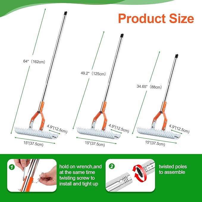 Thatch Rake, 15 Inch Lawn Thatching Rake, Heavy-Duty Dethatcher Rake with Gloves, 64 Inch Versatile Grass Grooming Rake for Withered Grass Cleaning Yard Garden Soil Rake