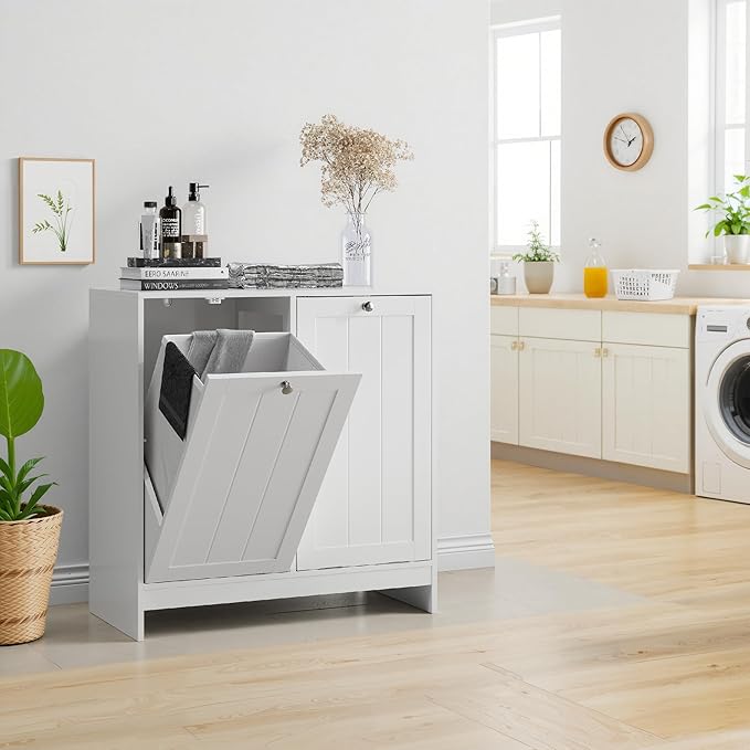 Tilted Laundry Hamper with Removable Baskets Hidden Storage Cabinet Free-Standing Organizer for Bathroom Bedroom White