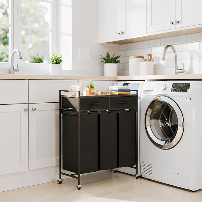 Laundry Sorter with 3 Section Pull Out Bags Rolling Laundry Basket Organizer with 2 Drawers Laundry Hamper with Shelves and Wheels for Laundry Room, Bathroom, Bedroom Organization