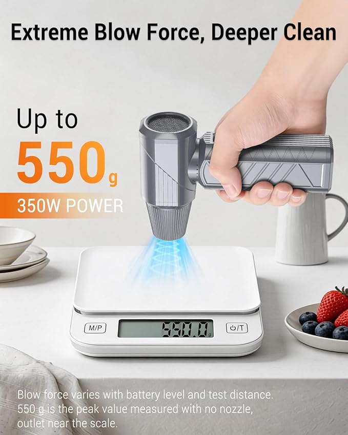 BOBYE Compressed Air Duster, 350W High-Powered Electric Air Duster with 180,000 RPM, Extended Runtime, 10000 mAh Battery, Mini Blower & Air Duster Rechargeable for Keyboard, PC, Car, Home, Silver