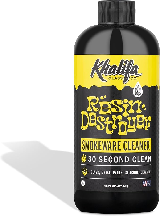 Khalifa Resin Destroyer Cleaning Solution Fl Oz Bottle - Clean & Deodorize Glass, Ceramic, Silicone & Metal - Restore Your Pieces to Perfection - Destroy Resin, Wax, Oil & Stinky Debris (32 Fl Oz)