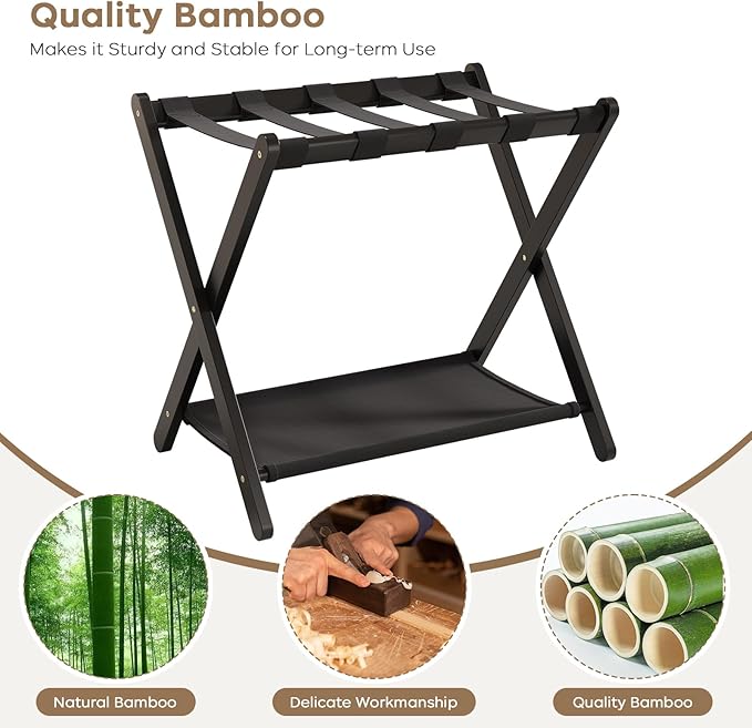 Fully Assembled Luggage Racks Set of 2, Bamboo Luggage Rack for Guest Room, Foldable Suitcase Stand with Fabric Storage Shelf for Bedroom, Hotel, Holds up to 165 lb, 26.77 x 16.93 x 22.5 Inches, Black