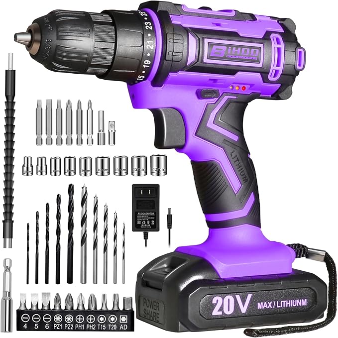 Purple Cordless Drill Set,20V Drill Driver with Battery and Charger,3/8-Inch Keyless Chuck, Variable Speed,with Drills Bits Set