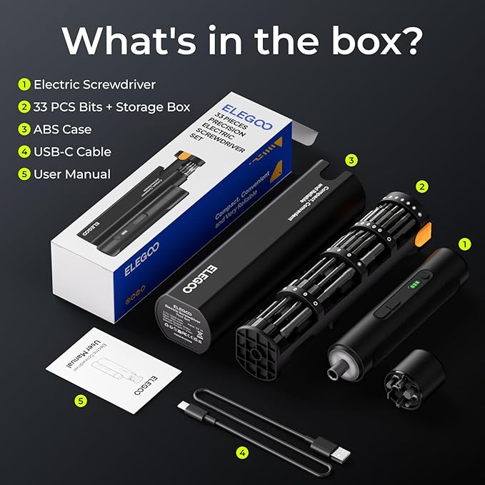 ELEGOO 33-in-1 Electric Screwdriver Set with LED and 33 Magnetic Bits, Type-C Rechargeable 1500mAh Battery, Precision Power Tool Kit for 3D Printer Maintenance, Small Electronics Repairs, Engineers