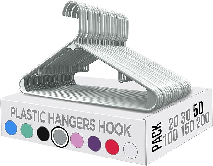 Utopia Home Plastic Hangers 50 Pack - Space Saving Clothes Hanger - Durable & Strong Closet Organizers and Storage with Built-in Strap Hooks - Essential for Shirts, Pants, Skirts & Coats (Grey)