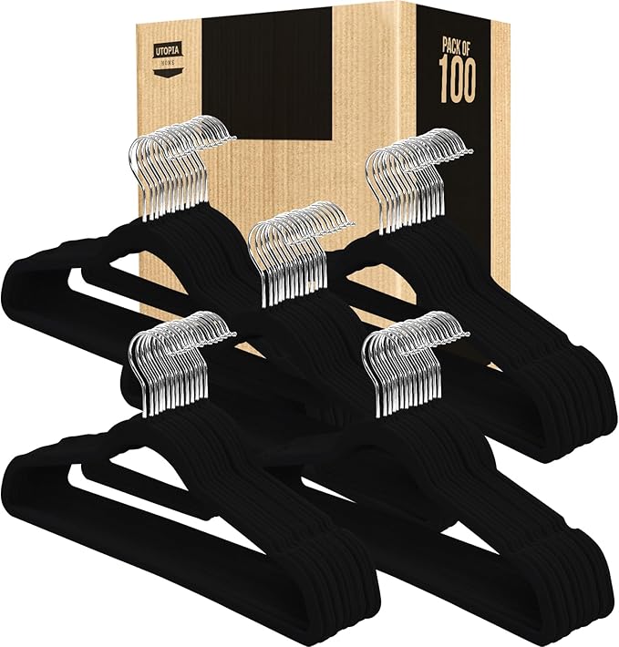 Utopia Home Velvet Hangers 100 Pack – Premium Non-Slip Slim Clothes & Coat Hangers with Tie Bar, Space-Saving Heavy Duty Design, 360° Swivel Hook – Black