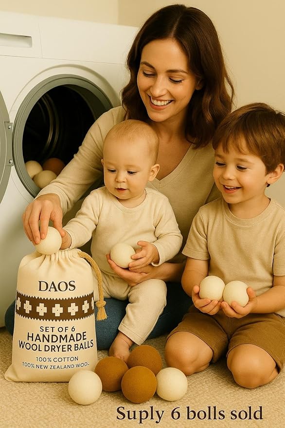 Wool Dryer Balls – Pack of 6 (3 White + 3 Brown) with Storage Bag – 100% New Zealand Wool – Reusable, Eco-Friendly Natural Laundry Dryer Balls for Faster Drying