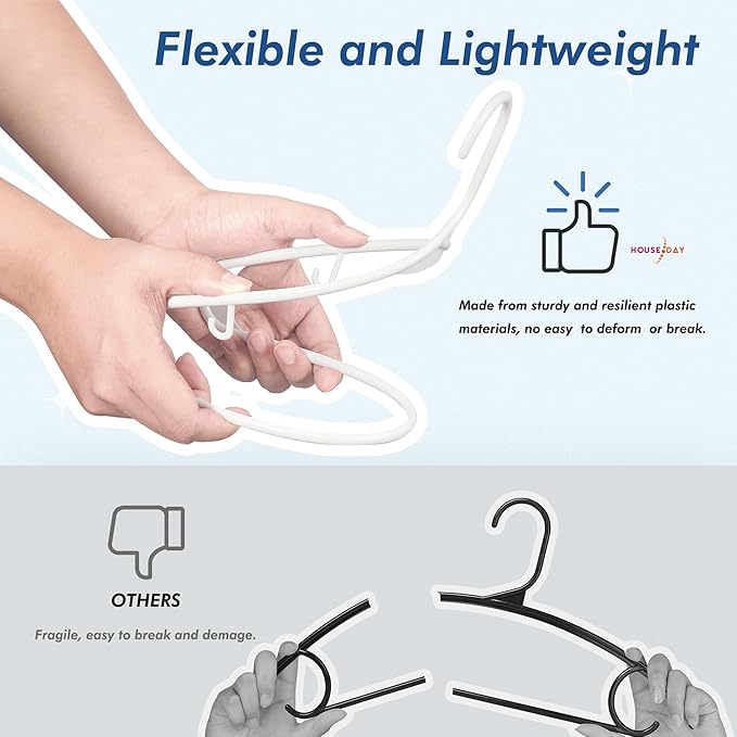 HOUSE DAY White Plastic Hangers 100 Pack, Plastic Clothes Hangers with Built-in Hooks, Durable and Strong Coat Hangers for Closet, Space Saving Clothing Hanger for Shirts, Coats, Skirt, Dress