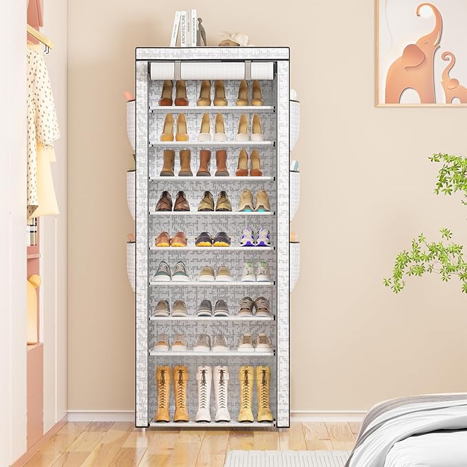 OYREL Shoes Rack 10 Tier Tall Shoe Rack with Storage Pockets, Fabric Covered Shoe Racks,Metal Shoes Rack Organizer for Closets,Bedroom, Garage