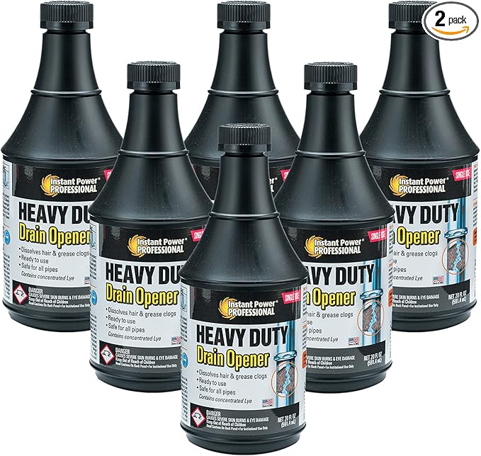 Instant Power Professional Heavy Duty Drain Opener - Sink and Shower Drain Cleaner, Clog Remover and Deodorizer, Dissolves Hair and Grease Clogs, Ready to Use, Made in USA - 20 Fl Oz (Pack of 6)