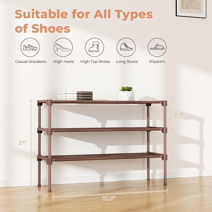 34" Widening Design Shoe Rack for Closet 16 Pairs Small Spaces Non-Woven 3 Tier Shoe Organizer Stackable Metal Shoe Shelf for Entryway, Bedroom Brown