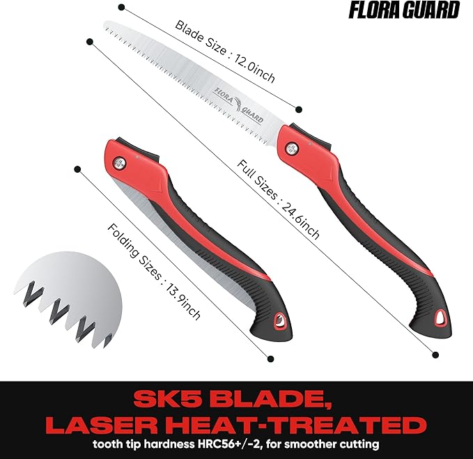 FLORA GUARD Folding Hand Saw 12-Inch, Heavy Duty SK5 Steel Pruning Saw with Hard Teeth for Wood Cutting, Tree Trimming, Camping & Gardening
