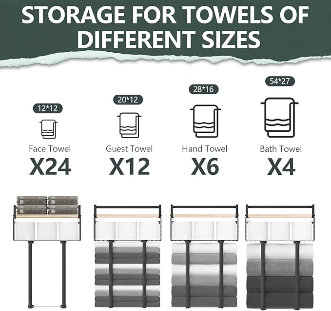 Xstydes Towel Racks for Bathroom, Metal Towel Holder with Storage Basket,Wall Towel Rack for Rolled Towels, Towel Storage for Small Bathroom.