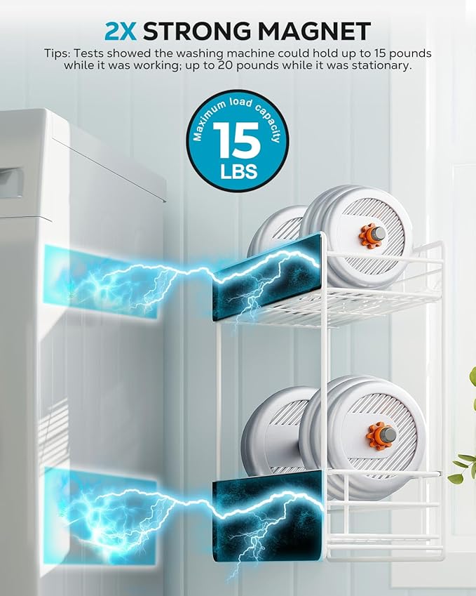 Nieifi 2 Tier Magnetic Shelves for Washing Machine, Magnetic Spice Rack for Refrigerator, Laundry Room & Kitchen Organizer Storage Baskets, White