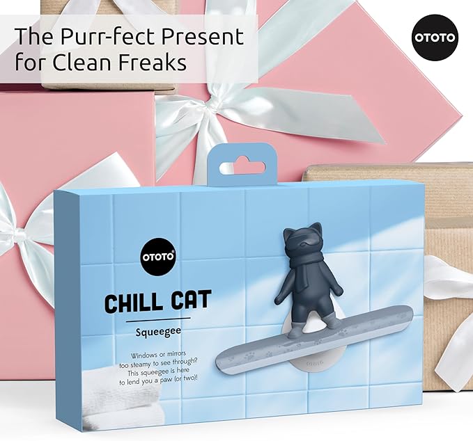 OTOTO Chill Cat Squeegee - Cute Kitchen Accessories, Cute Bathroom Decor, Black Bathroom Accessories, Shower Accessories, Shower Squeegee for Glass Doors, Small Bathroom Squeegee, Cat Gifts