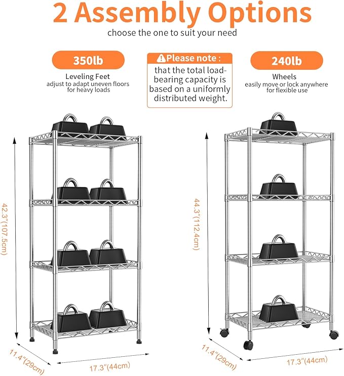 4-Tier Metal Shelf Wire Rack,Narrow Shelving Unit 17.3" Wx11.4 Dx44.3 H,Height Adjustable Kitchen Pantry Shelves with Lockable Wheels Storage for Laundry,Office,Bathroom Or Small Spaces