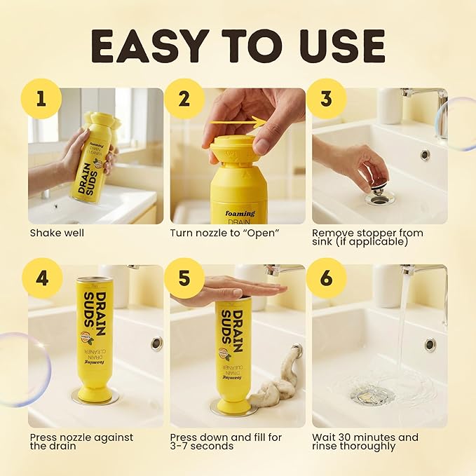 Foaming Drain Cleaner, Sink Cleaner and Deodorizer, Drain Clog Remover for Kitchen Sinks, Bathrooms, Shower Drains, Tubs, Washbasin, Clogged Pipe Opener, Lemon, 2 Pack