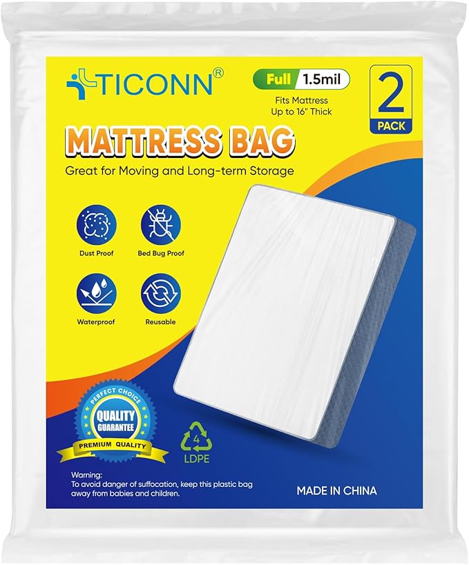TICONN 2PK Plastic Mattress Bag for Moving Storage, Waterproof Mattress Protector Cover, Heavy-Duty Mattress Moving Supplies (1.5 mil, Full)