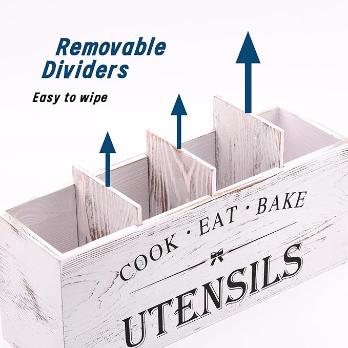 Kitchen Utensil Holder for Counter or Countertop, Extra Large Wood Organizer with 4 Compartments, Wooden Storage for Cooking and Silverware, Rustic Minimalist Decor, Sturdy Utensil Crock-White
